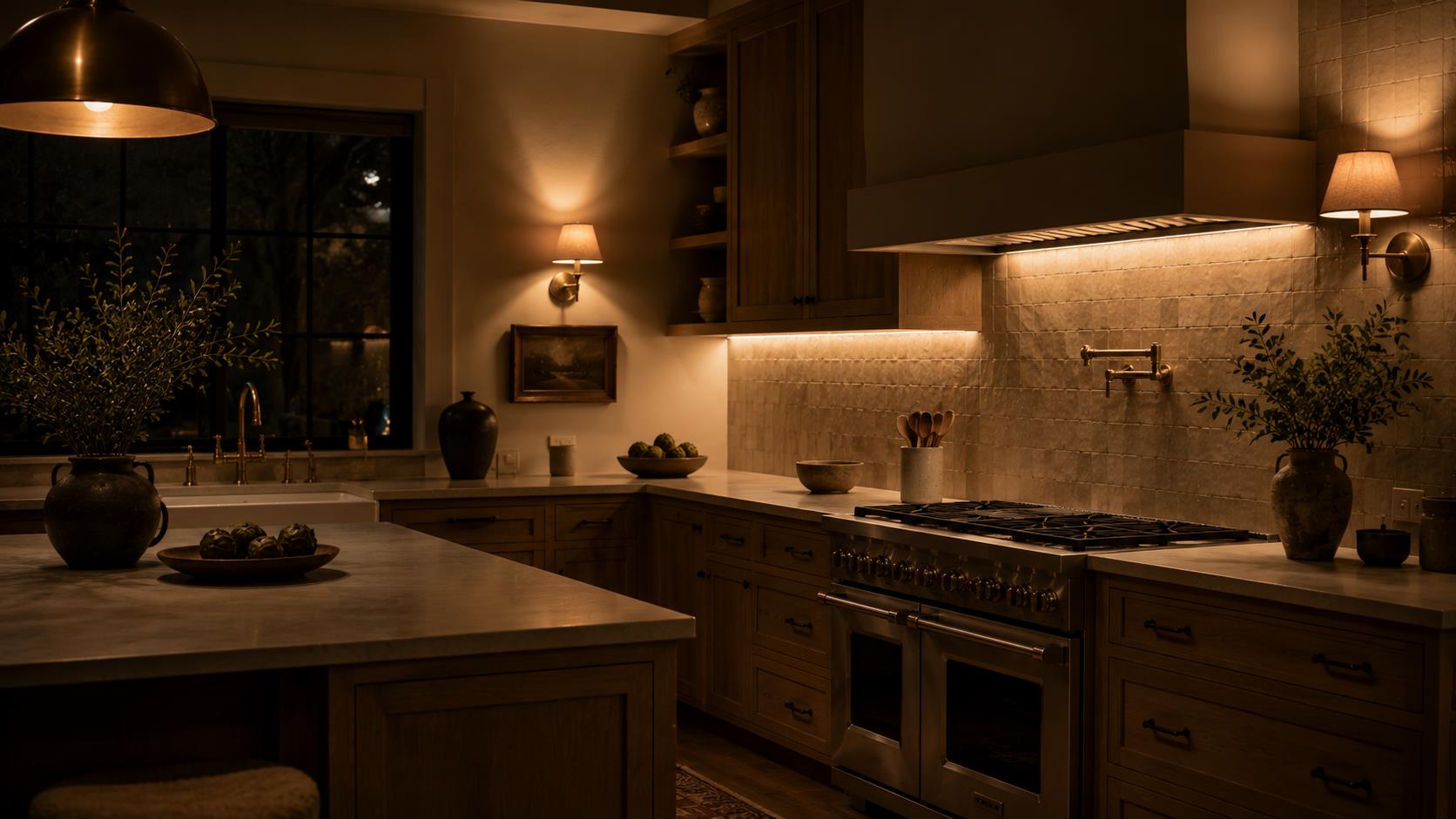 Under-Cabinet Warm LED Strip & Sconce Layering